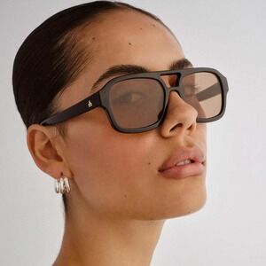 AIRE Aquarius Rectangle Aviator Sunglasses Black Tan Tint M 70s Retro